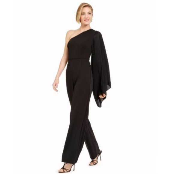 Adrianna Papell Black Formal One Shoulder Drape Sleeve Jumpsuit - Picture 14 of 16